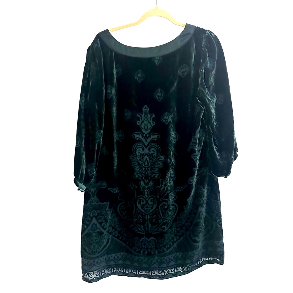 SOFT SURROUNDINGS Dark Green Silk-Blend Velvet Burnout Tunic Mini Dress - Sz M - Picture 2 of 4